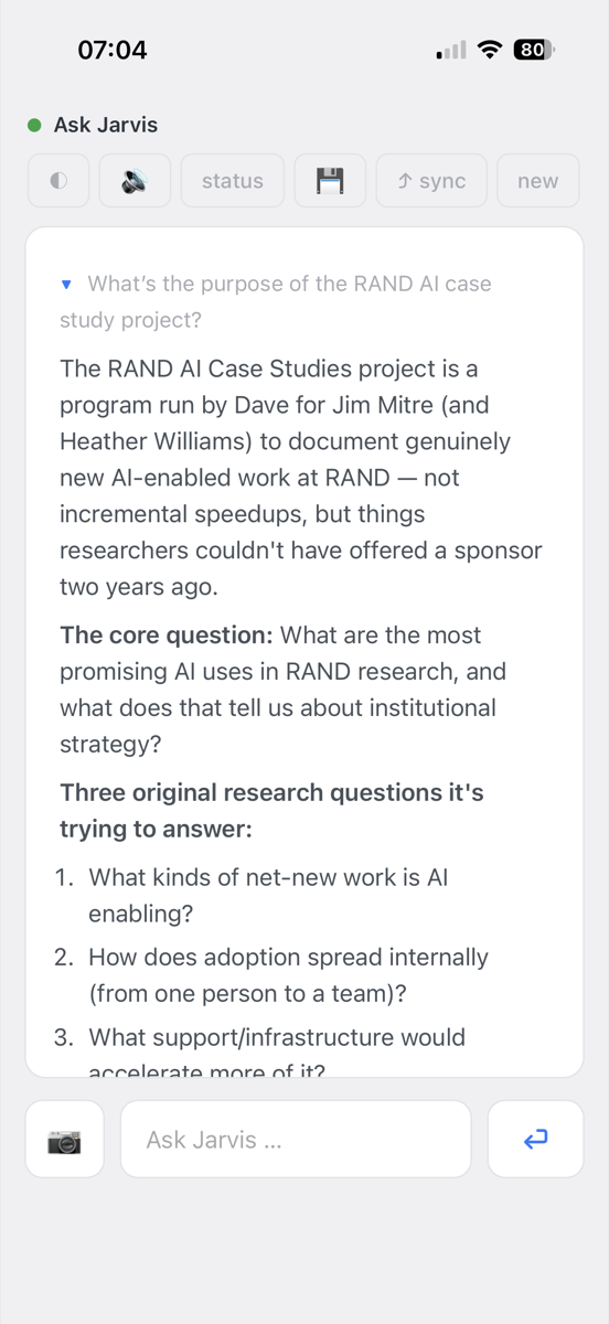 Phone screenshot of the Jarvis web app answering a question